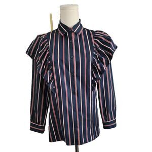 Pixie Market Button Down Poplin Statement Shirt Stripe Ruffled Shoulder Small